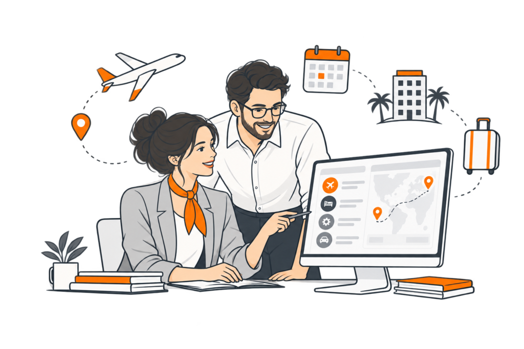 Mitarbeiter eines Reisebüros planen Reisen mit der AlphaHof Software