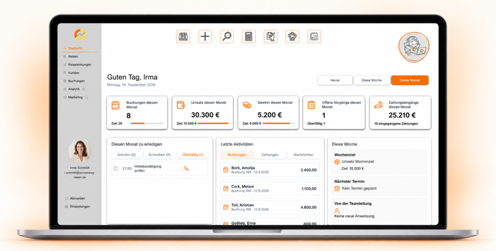 Buchungsverwaltung in der AlphaHof Software mit Reisedaten, Teilnehmern und Finanzen