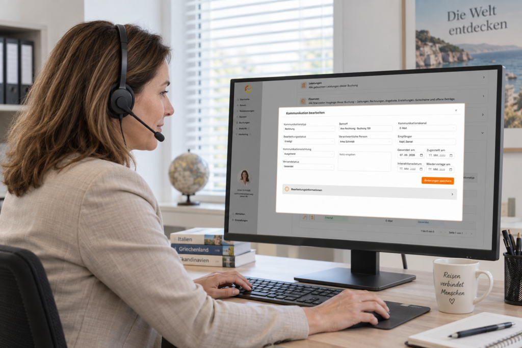Mitarbeiterin eines Reisebüros bearbeitet Kundenkommunikation in der AlphaHof Software.
